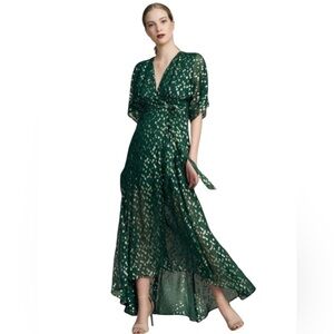 Hutch Gemma Green metallic gold High Low Wrap sheer silk maxi Dress size small
